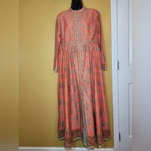 Ritu Kumar Silk Cotton Blend Peach Embroidered and Printed Kurta Maxi Dress